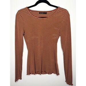 Mikarose Women's XS Rust Striped Ribbed Long Sleeve Top Lettuce Hem Earth Tones